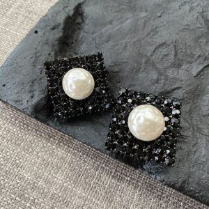 343#European and American retro geometric square black diamond ear clip medieval vintage personalized pearl versatile earrings