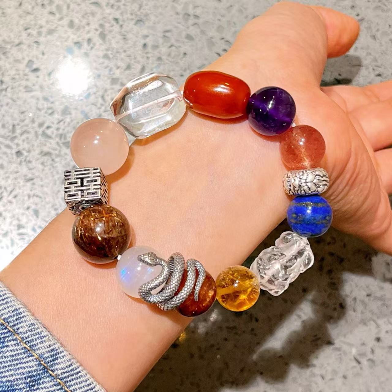 409#925 silver high-end custom-made natural powder crystal beeswax amethyst strawberry crystal lapis lazuli black gold super moonstone yellow crystal bracelet - Image 7