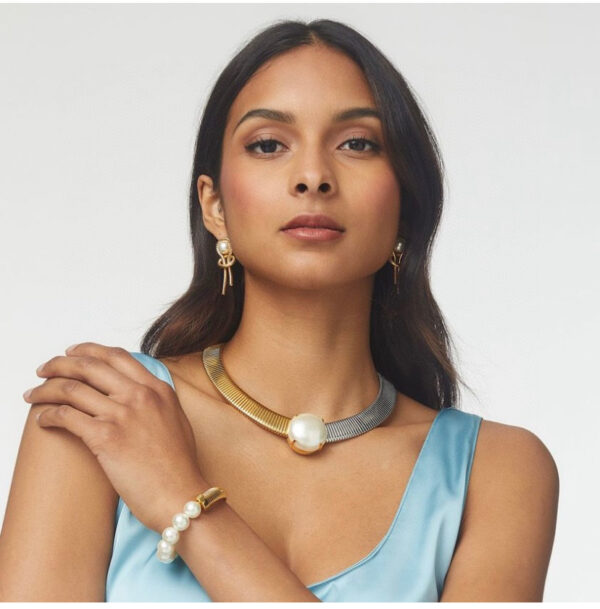349#European and American fashion trend brand big pearl elastic gold silver splicing necklace collar simple personality light luxury - Image 3