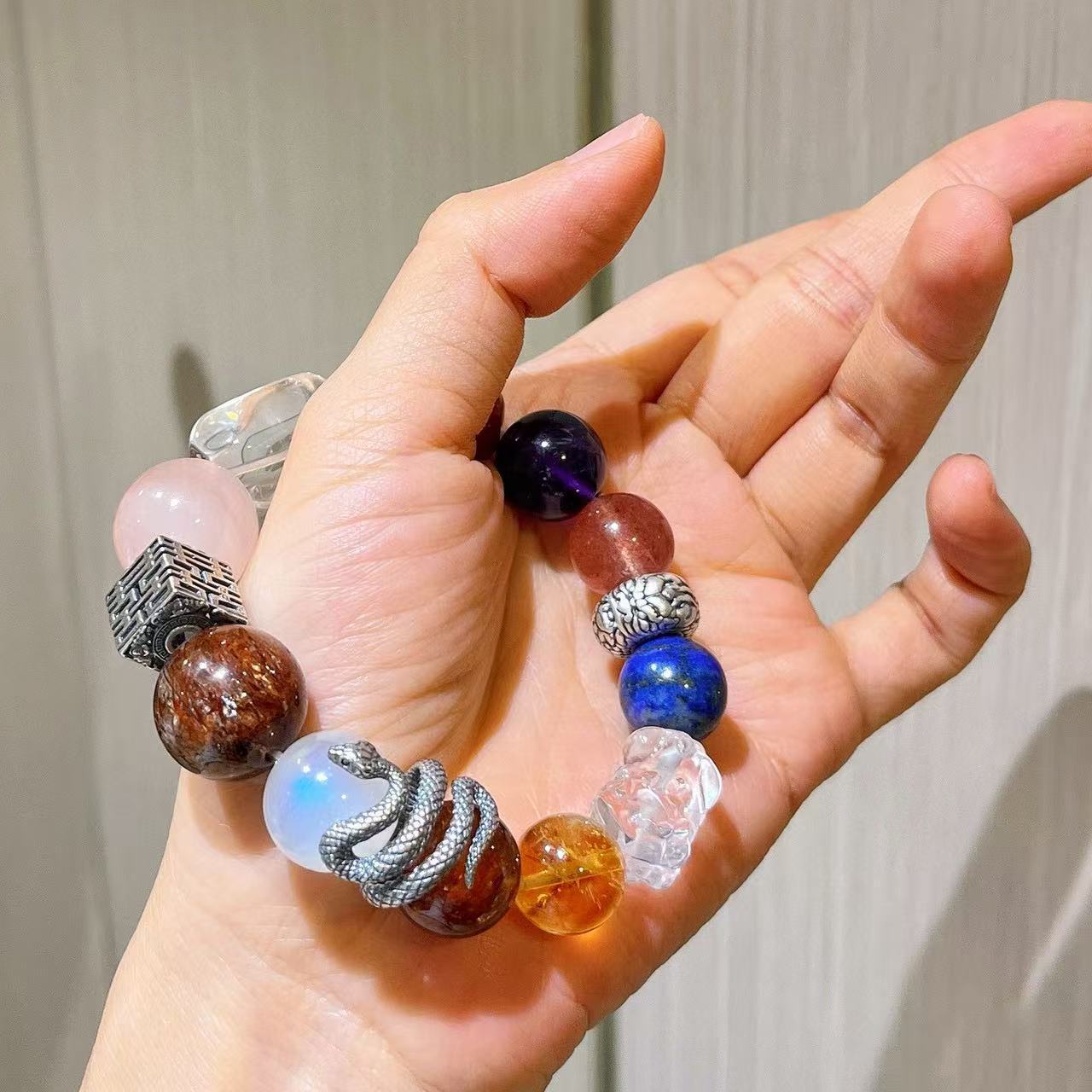 409#925 silver high-end custom-made natural powder crystal beeswax amethyst strawberry crystal lapis lazuli black gold super moonstone yellow crystal bracelet - Image 6