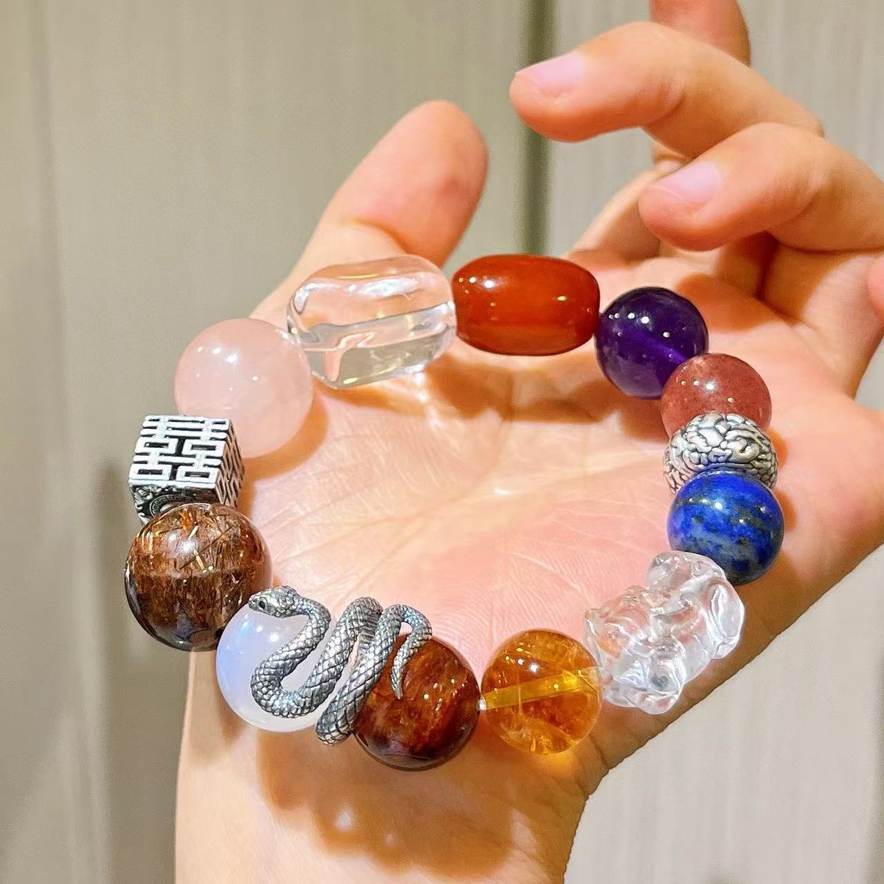 409#925 silver high-end custom-made natural powder crystal beeswax amethyst strawberry crystal lapis lazuli black gold super moonstone yellow crystal bracelet - Image 5