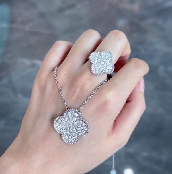 364#S925 silver large four leaf clover full diamond necklace ring, high-end designer, fashionable temperament, exquisite necklace - Image 6