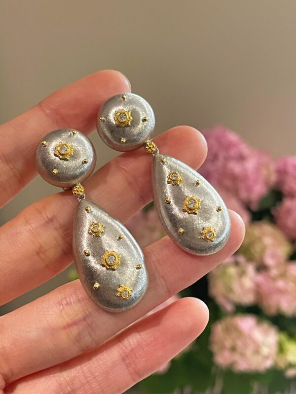 389#Original design s925 silver brushed medieval contrasting double bead earrings, fashionable retro light luxury Italian brushed micro inlaid design earrings - Image 2