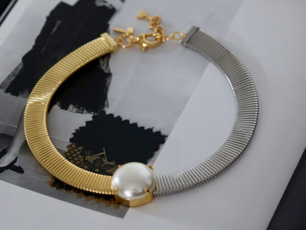 349#European and American fashion trend brand big pearl elastic gold silver splicing necklace collar simple personality light luxury - Image 6