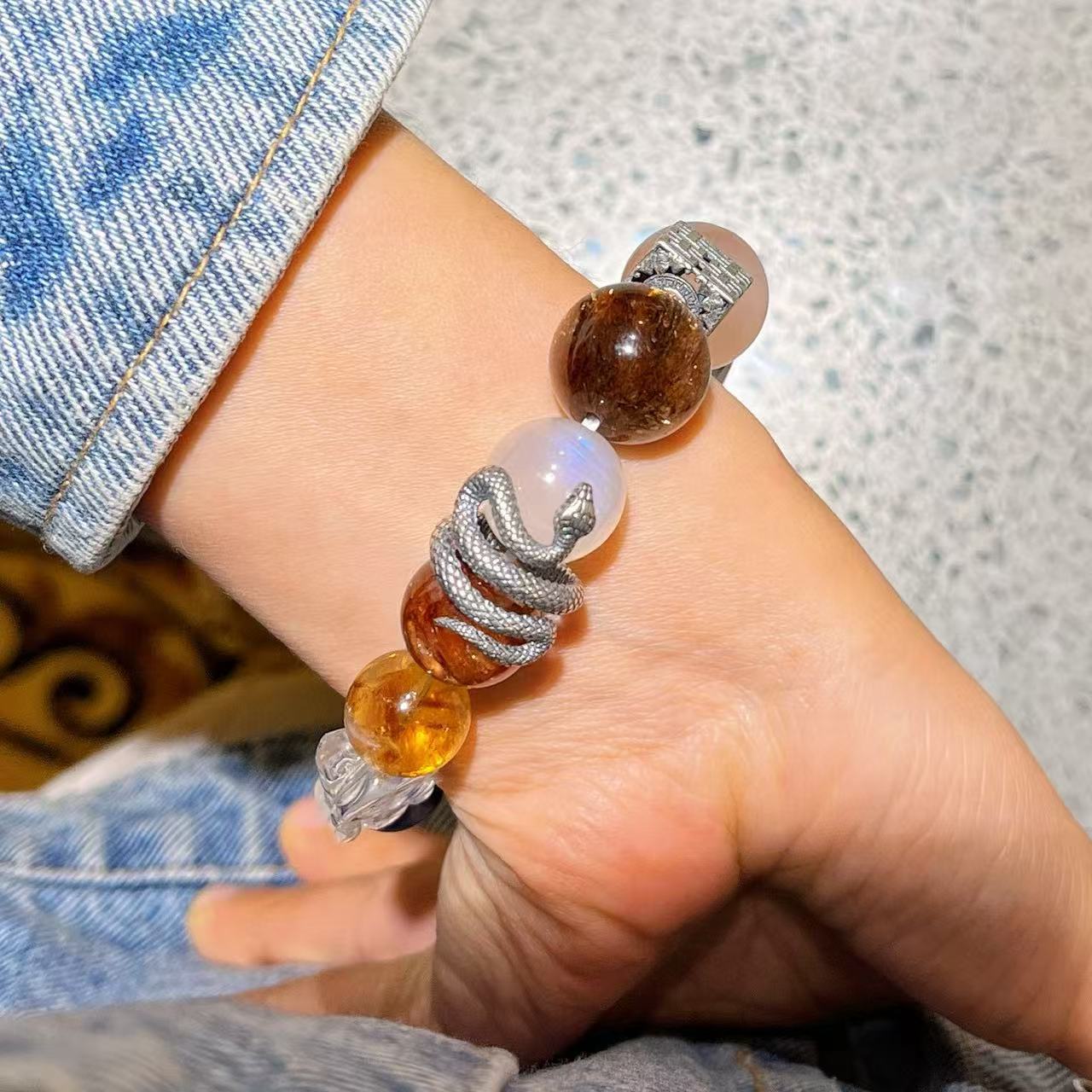 409#925 silver high-end custom-made natural powder crystal beeswax amethyst strawberry crystal lapis lazuli black gold super moonstone yellow crystal bracelet - Image 2