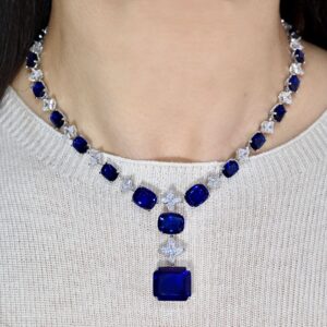 369#46.8ct Cultivate Fat Square Sapphire Royal Blue Star Cutting Heavy Industry High Order Light Luxury Necklace Banquet Jewelry