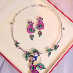 #113 925 silver-inlaid zircon colored bird flower-shaped necklace and earrings