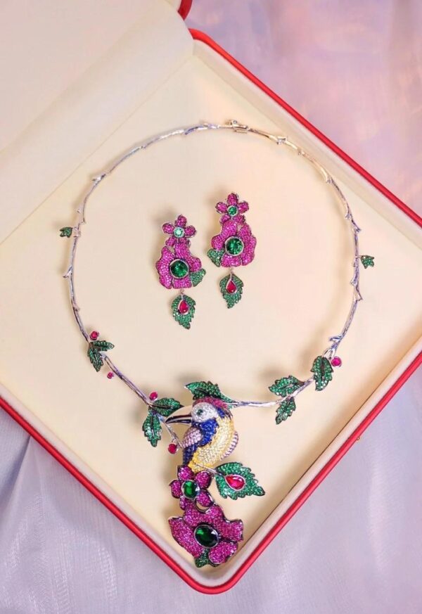 #113 925 silver-inlaid zircon colored bird flower-shaped necklace and earrings