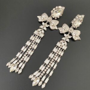 #478 French-style vintage bow-shaped drop crystal fringed ear clips