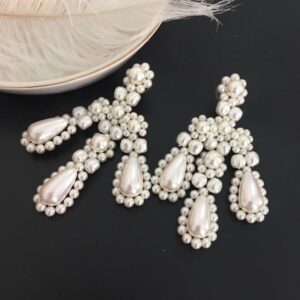 #485 S925 silver fashionable high-end exaggerated artificial pearl hand-woven earrings