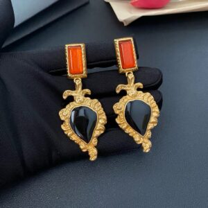 44866#European and American court retro vintage lava peach heart earrings with gemstone drop glaze design, light luxury French long earrings