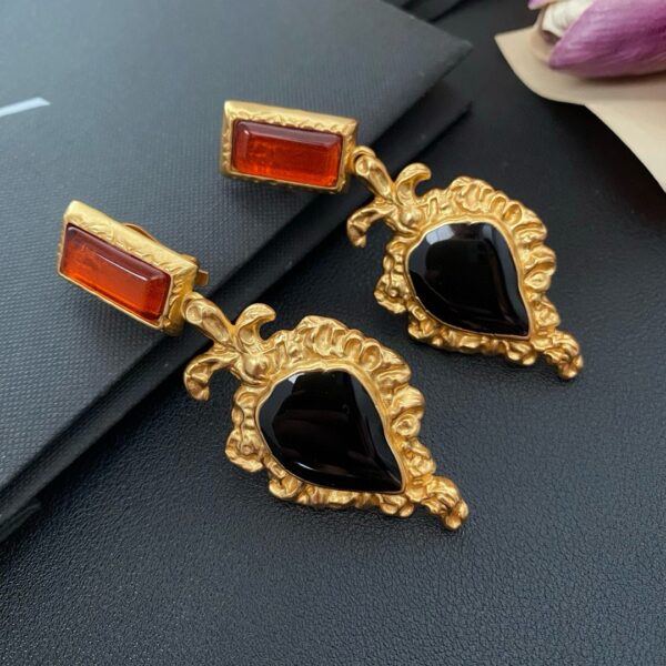 44866#European and American court retro vintage lava peach heart earrings with gemstone drop glaze design, light luxury French long earrings - Image 2