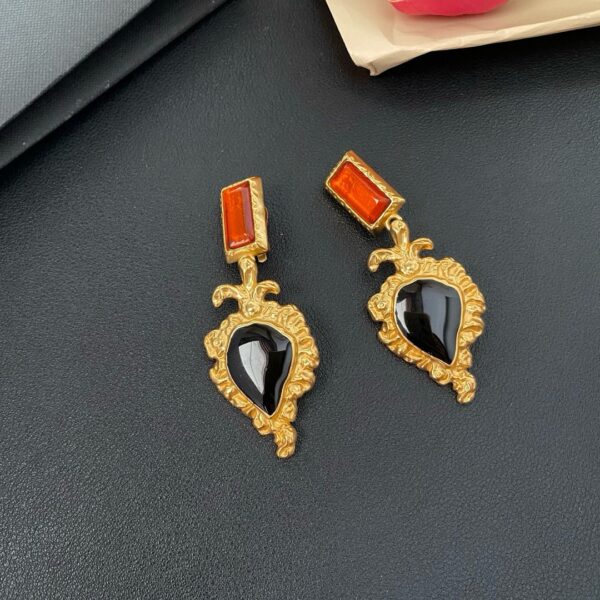 44866#European and American court retro vintage lava peach heart earrings with gemstone drop glaze design, light luxury French long earrings - Image 3
