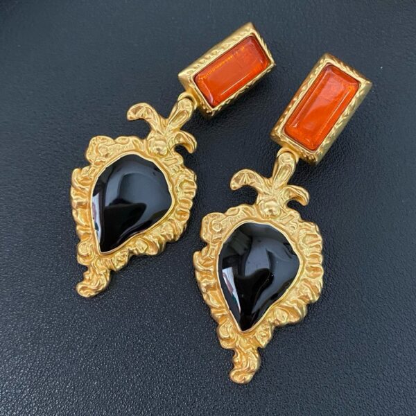 44866#European and American court retro vintage lava peach heart earrings with gemstone drop glaze design, light luxury French long earrings - Image 4