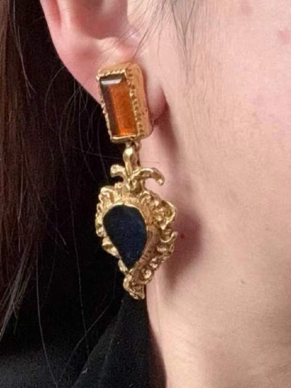 44866#European and American court retro vintage lava peach heart earrings with gemstone drop glaze design, light luxury French long earrings - Image 6