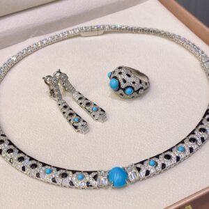 #541 Fashionable and luxurious European and American s925 silver 18k gold inlaid moissani diamond natural turquoise jewelry set party holiday gift