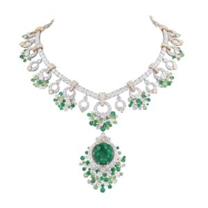 551#925 silver plated with gold, 24k high-carbon diamond, 13.1 carat cushion-shaped wood-zircon green sapphire, King of the Garden's Luxury Evening Necklace of the Palace
